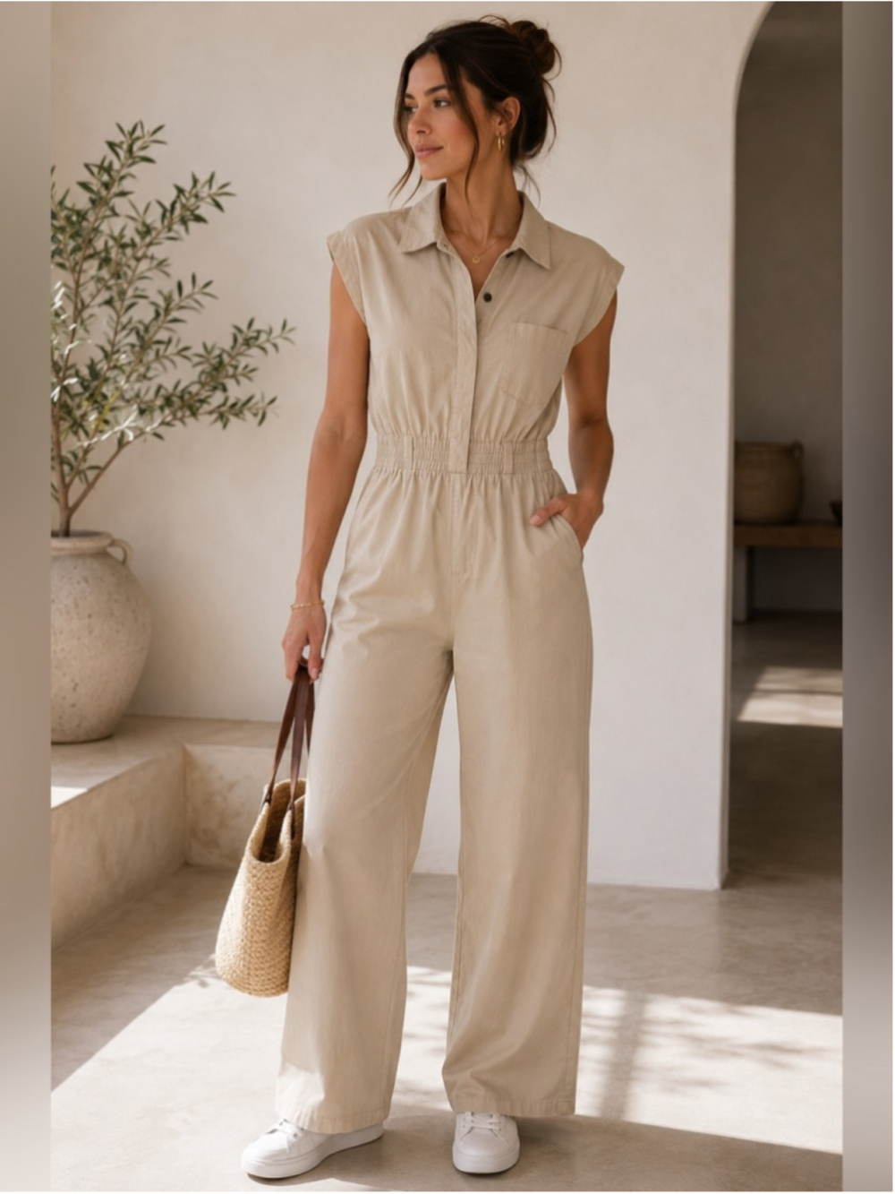 Hunter & Brown Beige Sleeveless Utility Wide Leg Jumpsuit Size S Minimalist
